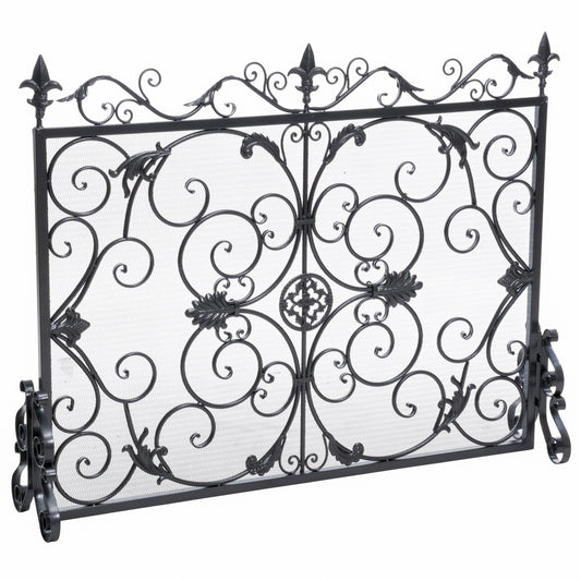 Home Decor Wilmington Fireplace Screen - Silver Flower on Black - Iron - Up to 28-in - Scroll Design 295449