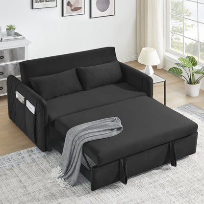 3 in 1 Convertible Sleeper Sofa Bed,55" Modern Velvet Pull Out Sofa Bed with 2 Pillows and 2 Detachable Pockets,Upholstered Loveseat Sofa Couch with Adjustable Backrest for Living Room Office,Gray