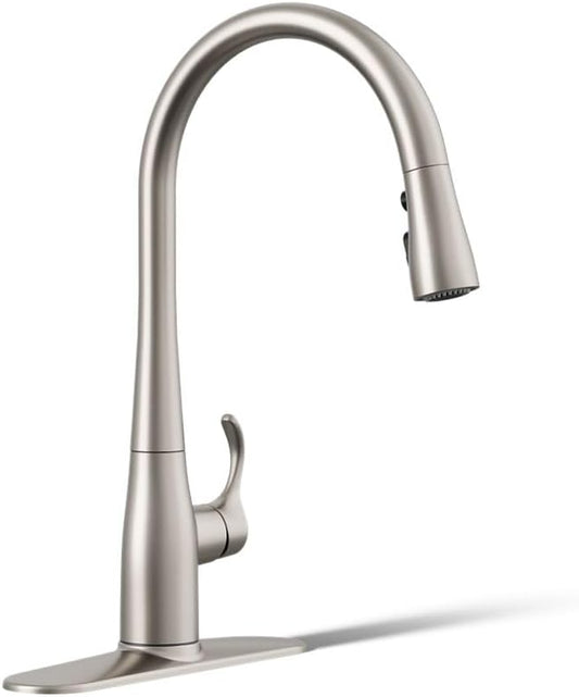 KOHLER 596-VS Simplice Pull Down Kitchen Faucet, 3-Spray Faucet, Kitchen Sink Faucet with Pull Down Sprayer, Vibrant Stainless, High Arch