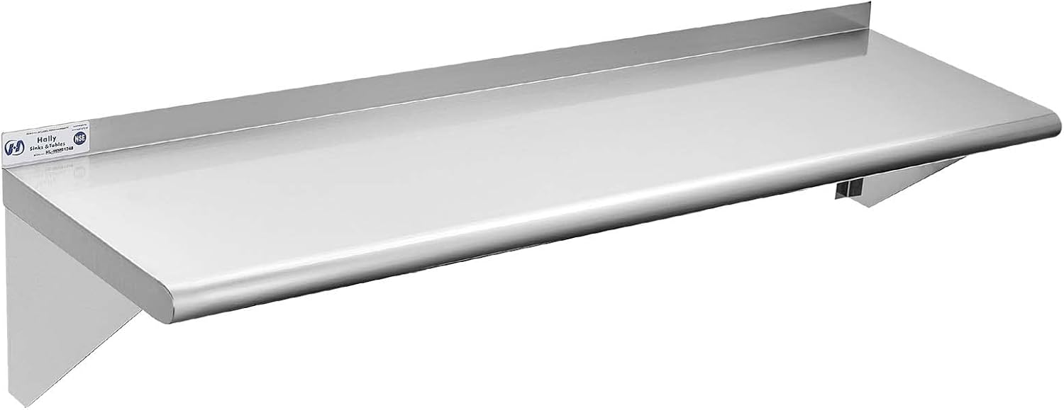 Hally Stainless Steel Shelf 12 x 48 Inches 280 lb, NSF Commercial Wall Mount Floating Shelving for Restaurant, Kitchen, Home and Hotel
