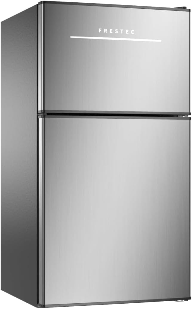 Frestec Mini Fridge with Freezer 3.2 Cu.Ft. 2 Door Refrigerator and Freezer Small Fridge for Bedroom Home Office Dorm, Small Drink Chiller, 37 dB Low Noise, Stainless Steel