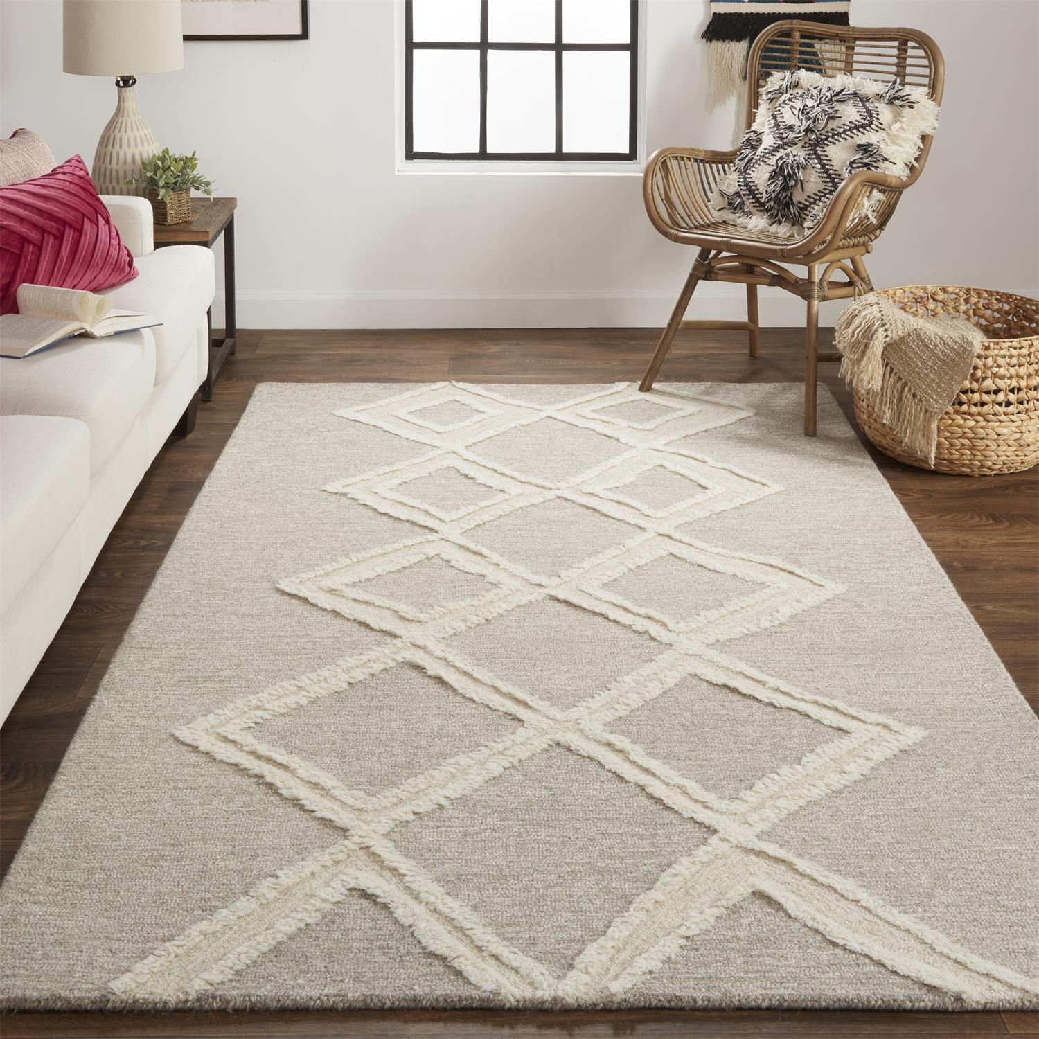 Room Envy Elika 8 x 10 (ft) Tufted Wool Simply Taupe/Ivory Rectangular Indoor Geometric Bohemian/Eclectic Area rug