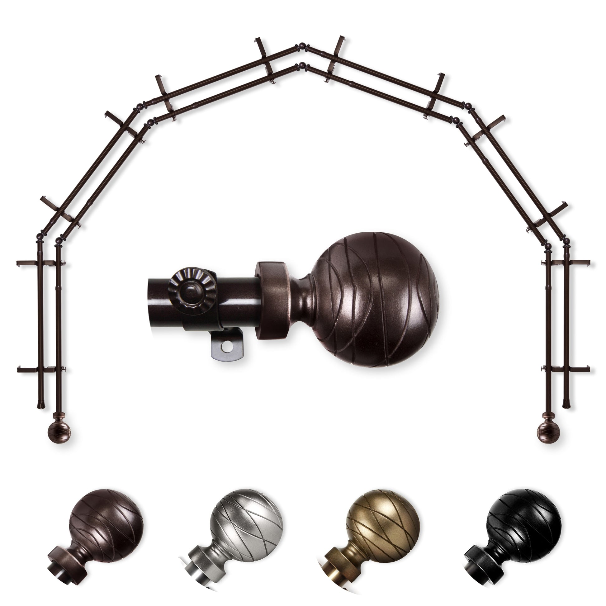 Hart & Harlow Able 6-Sided Double Bay Cocoa Steel Bay Window Curtain Rod with Finials