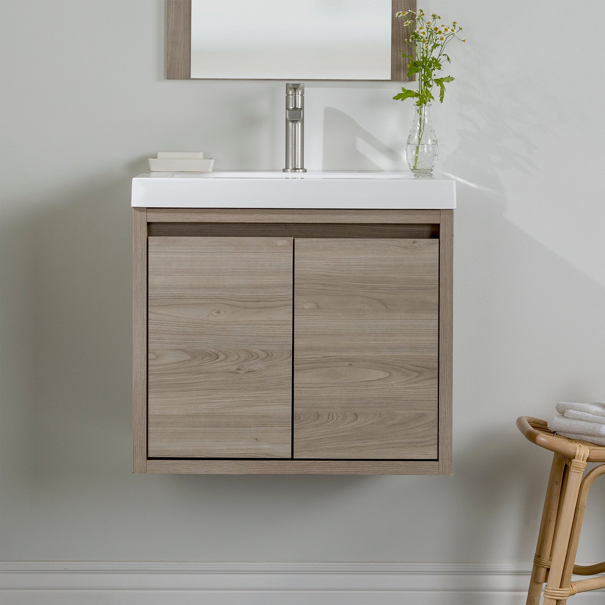 Diamond NOW Hollis 24-in Forest Elm Brown Woodgrain Single Sink Floating Bathroom Vanity with White Cultured Marble Top
