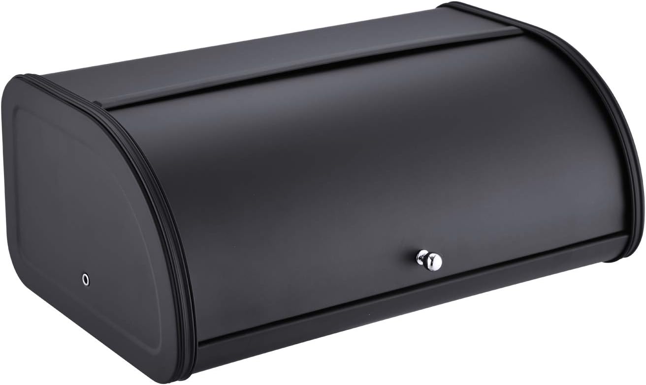 HILFA Stainless Steel Bread Box with Roll Up Lid, For Easy Kitchen Counter Storage, Bread Bin Holder,17.5X11.5X7.5 inch, Matte Black For Home and Kitchen