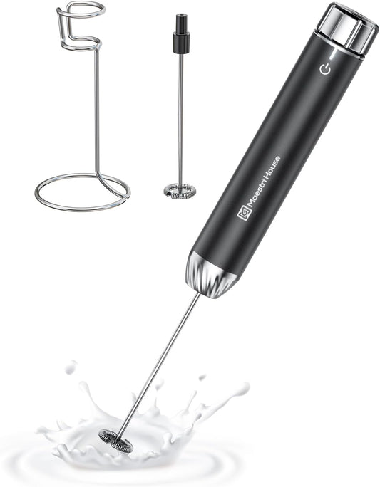 Maestri House Rechargeable Milk Frother with Stepless Speed Control, LunaFro Max Handheld Electric Foam Maker Waterproof Drink Mixer Foamer with Stand & Detachable Whisks for Lattes, Cappuccino