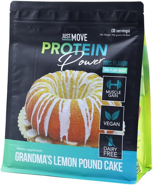 Just Move Protein - Grandma's Lemon Pound Cake - Vegan (Plant Based), Organic, Dairy Free, Soy Free, Gluten Free, Keto, Peanut Free, 20g Protein, Low Carb, Non GMO