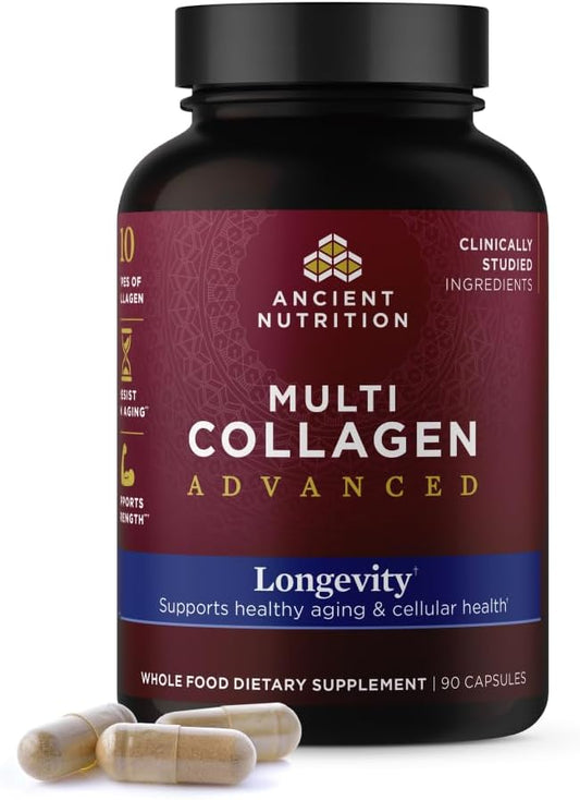 Ancient Nutrition Multi Collagen Advanced Longevity with Probiotics, Hydrolyzed Collagen Peptides Promotes Healthy Aging and Cellular Energy, 90 Count