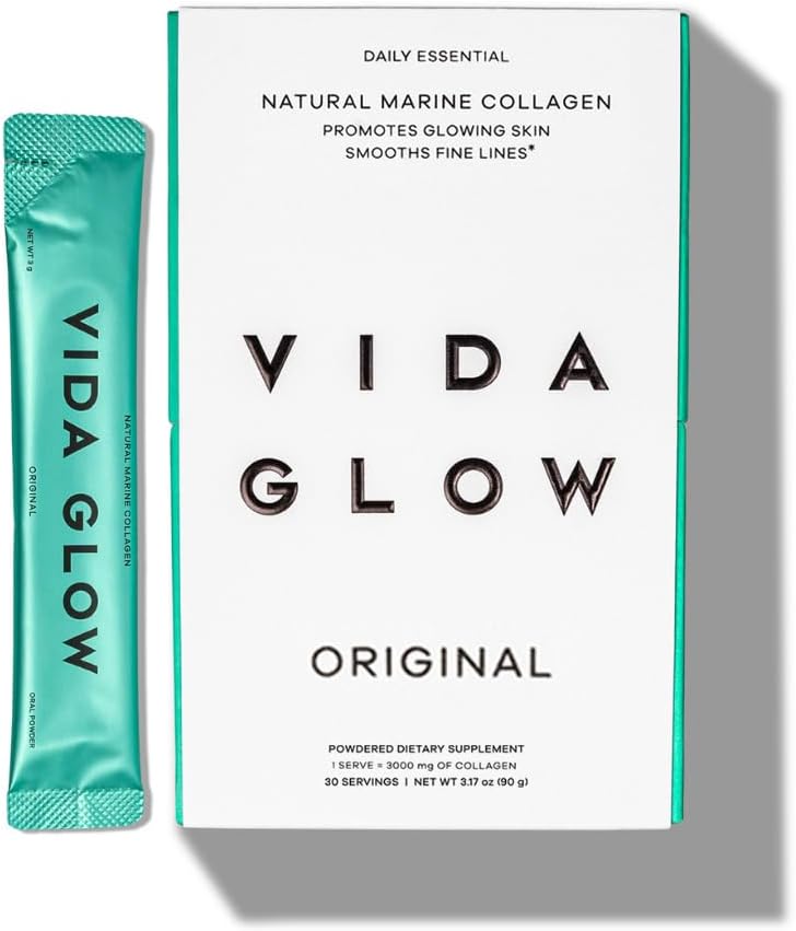 Vida Glow Marine Collagen Powder - Anti Aging Supplement with Collagen Peptides, Promotes Glowing Skin, Strong Nails, Healthy Hair | 30 Servings, Original Flavor