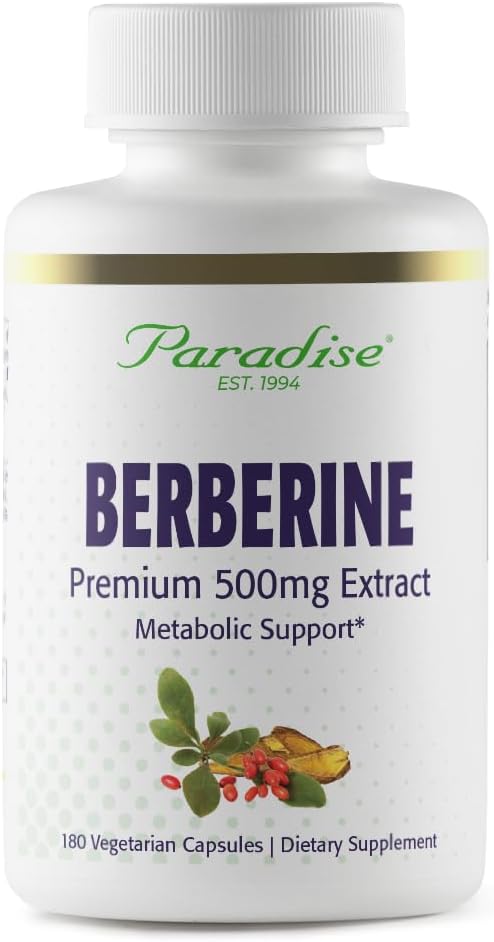 Paradise Herbs, Berberine Extract, 500 mg, Pure & Potent Berberine Supplement, Vegan, Non-GMO, Gluten Free, 180 Vegetarian Capsules