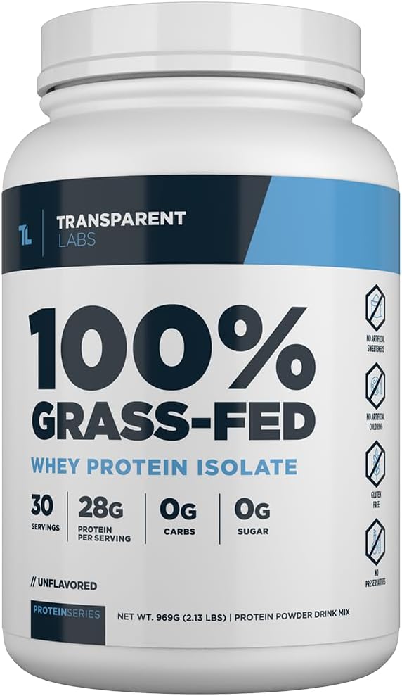 Transparent Labs Grass-Fed Whey Protein Isolate - Naturally Flavored, Gluten Free Whey Protein Powder with 28g of Protein per Serving & 9 Amino Acids - 30 Servings, Unflavored
