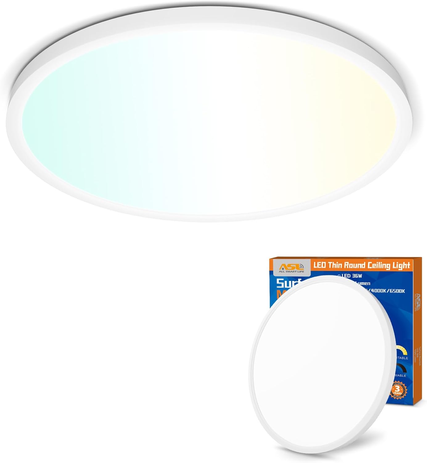 Allsmartlife LED Flush Mount Ceiling Light Fixture 1-Pack, 18 inch 36W 4650lm Flat Ceiling Light, 3000K\/4000K\/6500K, Round Ceiling Light Fixture for Bedroom, Living Room, Kitchen