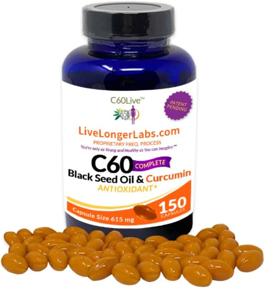 C60live - C60 Complete - Carbon 60 (Fullerene) with Black Seed Oil & Curcumin - Antioxidant Supplement - for Longevity & Cognitive Function - All Natural - 150 Gel Capsules