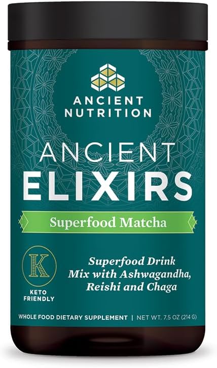 Matcha Green Tea Powder with Ashwagandha by Ancient Nutrition, Ancient Elixirs Superfood Matcha Energy Powder, with MCTs, Promotes Healthy Energy Levels, Paleo and Keto Friendly, 20 Servings