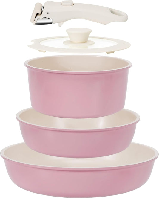 KIKCOIN 5 Pack Ceramic Pots and Pans Set Non Stick, Kitchen Cookware Set Detachable Handle, Non Toxic Cooking Set with Removable Handles, Induction Dishwasher\/Oven Safe, Ollas de Cocina, Pink