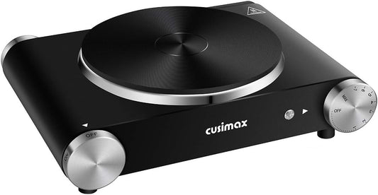 CUSIMAX Electric Hot Plate for Cooking Portable Single Burner 1500W Cast Iron hot plates Heat-up in Seconds Adjustable Temperature Control Stainless Steel Non-Slip Rubber Feet Upgraded Version B101