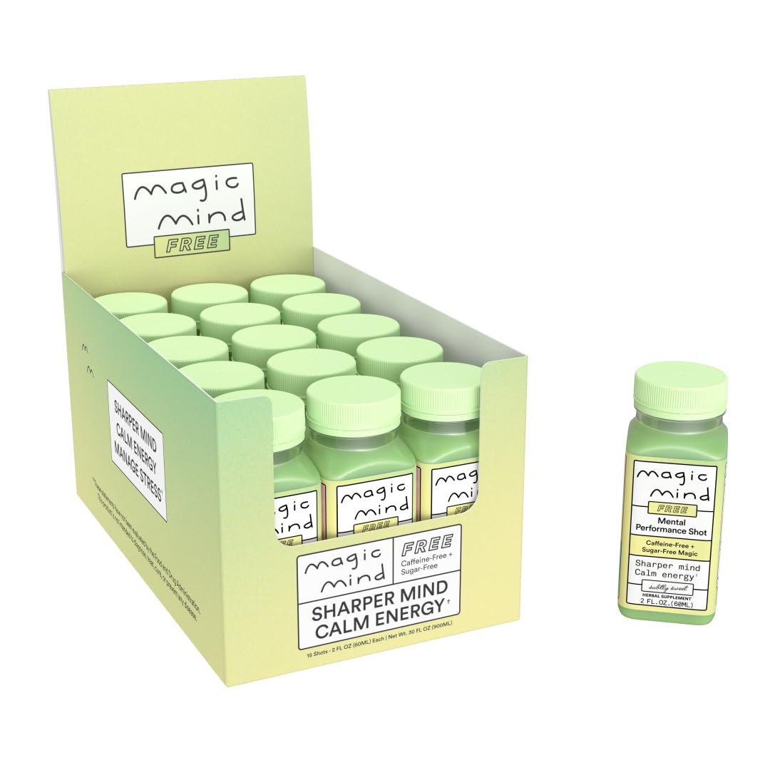 Magic Mind FREE Energy and Focus Drink Shots - Stress Relieving, No Jitters, Ashwagandha, Vitamin B12, Vitamin C, Matcha Green Tea, Functional Mushrooms Caffeine Free - 2 FL Oz (15 Pack)