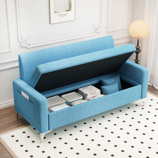 57" Multi-functional Storage Loveseat Sofa,Upholstered 2 Seat Sofa with Side Pockets for Living Room, Bedroom, Office, Small Space,Blue