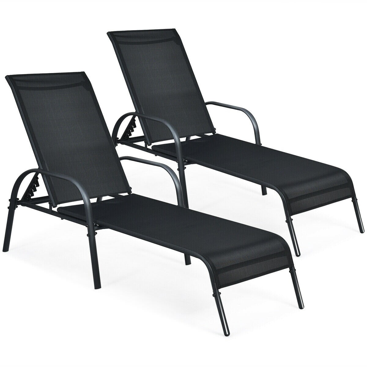 Forclover Patio Chaise Lounge Set of 2 Black Steel Frame Stationary Chaise Lounge Chair with Black Solid Seat