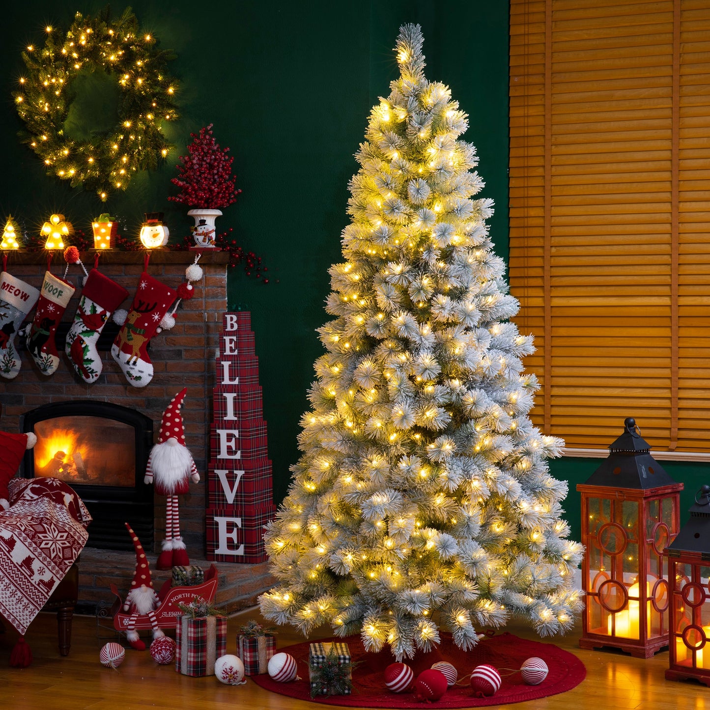 Glitzhome 7.5-ft Pre-lit Flocked Artificial Christmas Tree with White LED Lights