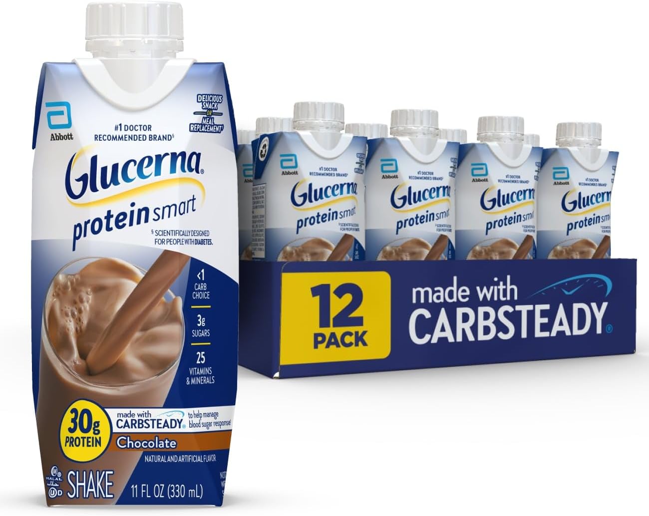 Glucerna Protein Smart Diabetes Care Shake, Chocolate, Diabetic Meal Replacement to Support Blood Sugar Management, 30g Protein, 150 Calories, Ready to Drink, 11-fl-oz Bottle, 12 Pack