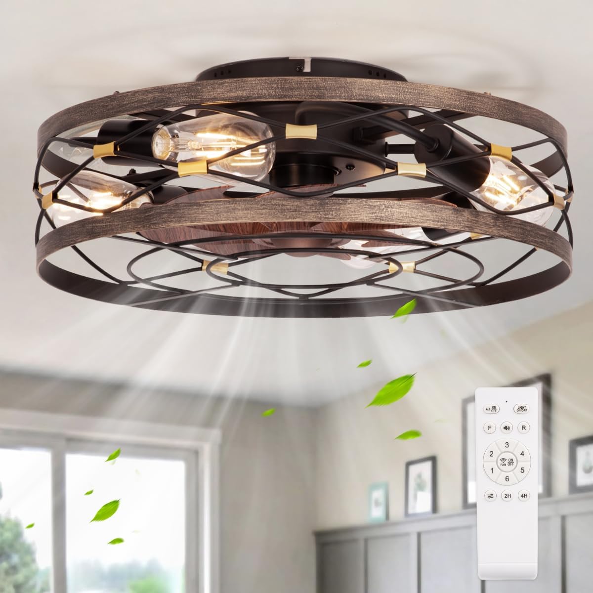 SHLUCE Small Fandelier Caged Ceiling Fan with Light, Farmhouse Low Profile Flush Mount Ceiling Fans with Lights and Remote, Rustic Bladeless Ceiling Fan with Light for Kitchen, Bedroom, Living Room