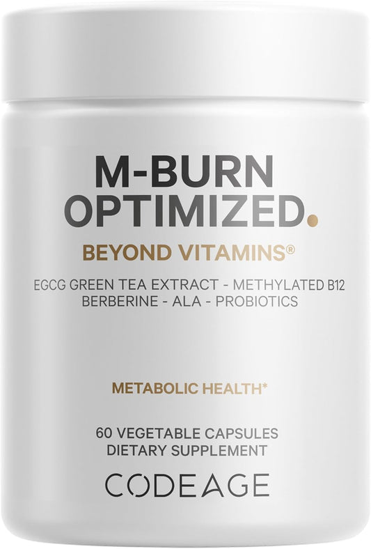 Codeage M-Burn Optimized Supplement - Decaffeinated Green Tea Std. to 50% EGCG, Berberine, Akkermansia, Vitamin B12 - Probiotics - Vitamins - 60 Capsules