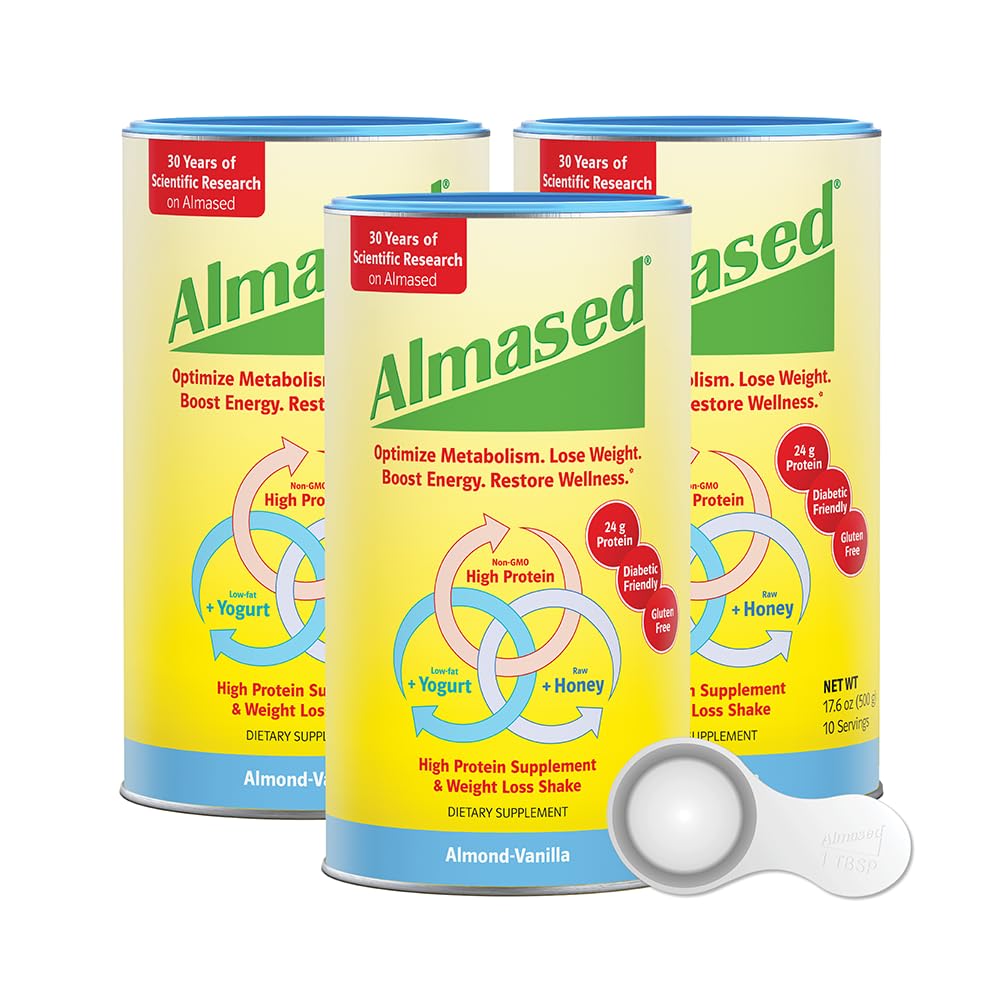 Almased Protein Powder for Weight Loss Kit for Men & Women, Natural Meal Replacement Shake for Weight Loss, Supplement, 24 Grams of Protein Per Serving (Almond Vanilla Flavor, 3 Cans @ 17.6 oz ea + Scoop)