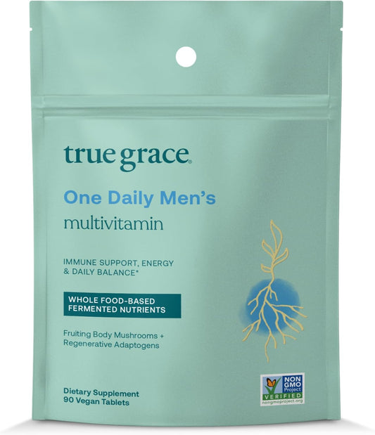 True Grace One Daily Men\u2019s Multivitamin Fermented Minerals, Organic Adaptogens & Mushrooms Whole Body Balance Immune, Endurance, Bone & Heart Support - Non-GMO, Gluten Free - 90 Vegan Tablets
