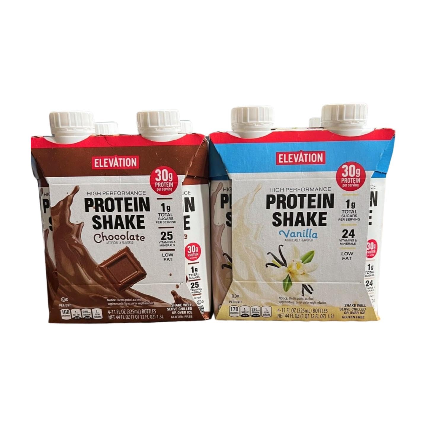 Elevation High Performance Protein Shake Vanilla and Chocolate 44fl oz 1.3L (8 Bottles/2 Packs)