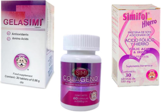 Simifol, Simi-Colageno, & Gelasimi 30 tab antioxidantes y aminoacidos 3 Pack