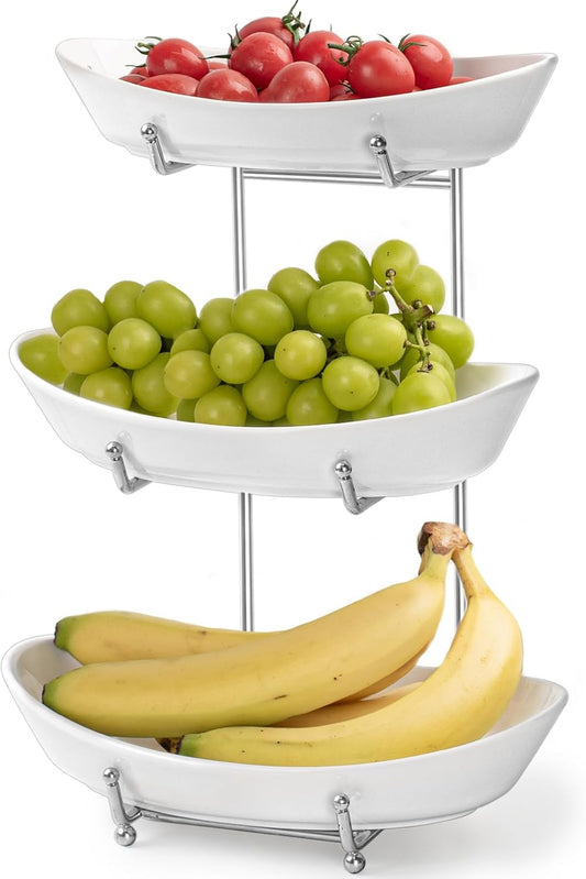 Fruit Bowl Basket for Kitchen Counter, 3 Tier Ceramic Serving Bowls with Metal Stand, Tiered Fruit Basket for Fruit, Vegetable, Snack, Nuts, Serving Tray Set for Entertaining