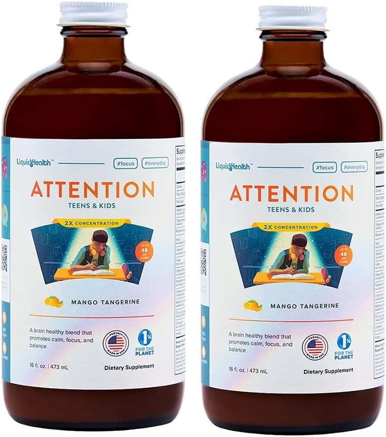 LIQUIDHEALTH Attention, Liquid Multivitamin for Kids & Teens - Improves Memory Retention, Concentration, Focus, Mood, Relaxation & Calming - Made in The USA, Great Taste, Vegan, Sugar-Free (2 Pack)