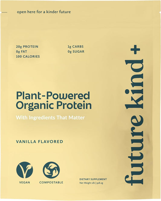 Future Kind Vegan Protein Powder, Vanilla, Pea Plant Protein for Lean Muscle with Iron & Fiber, Whey-Free, Sugar-Free, Soy-Free, Non-Dairy (34 Servings)