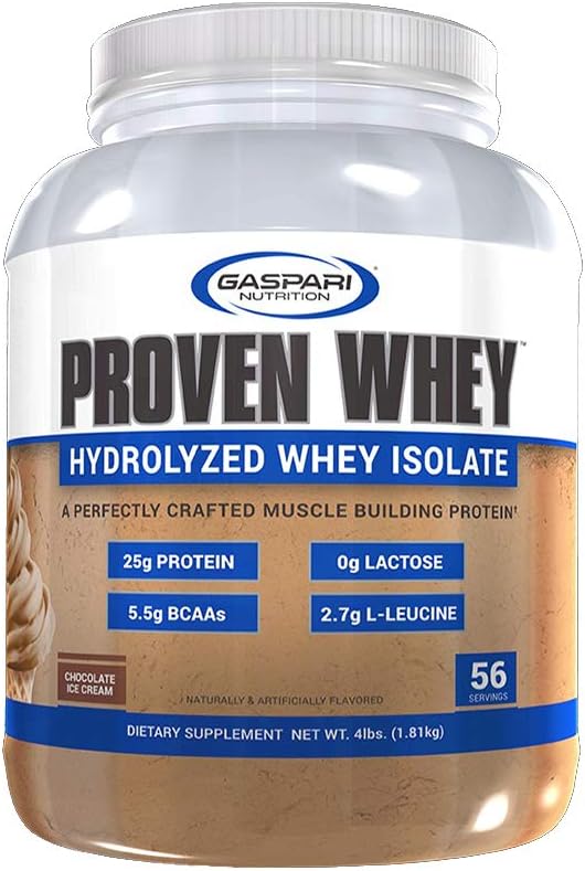 Gaspari Nutrition Proven Whey, 100% Hydrolyzed Whey Isolate, High Protein, Lactose Free, Low Carbohydrate and Low Sugar (4lb, Chocolate Ice Cream)