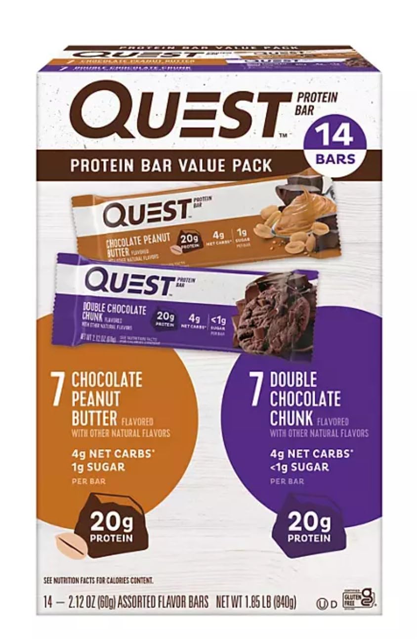 Quest Protein Bar - Value Pack 14 Bars, Chocolate Peanut Butter & Double Chocolate Chunk. 1g Sugar 20g Protein.