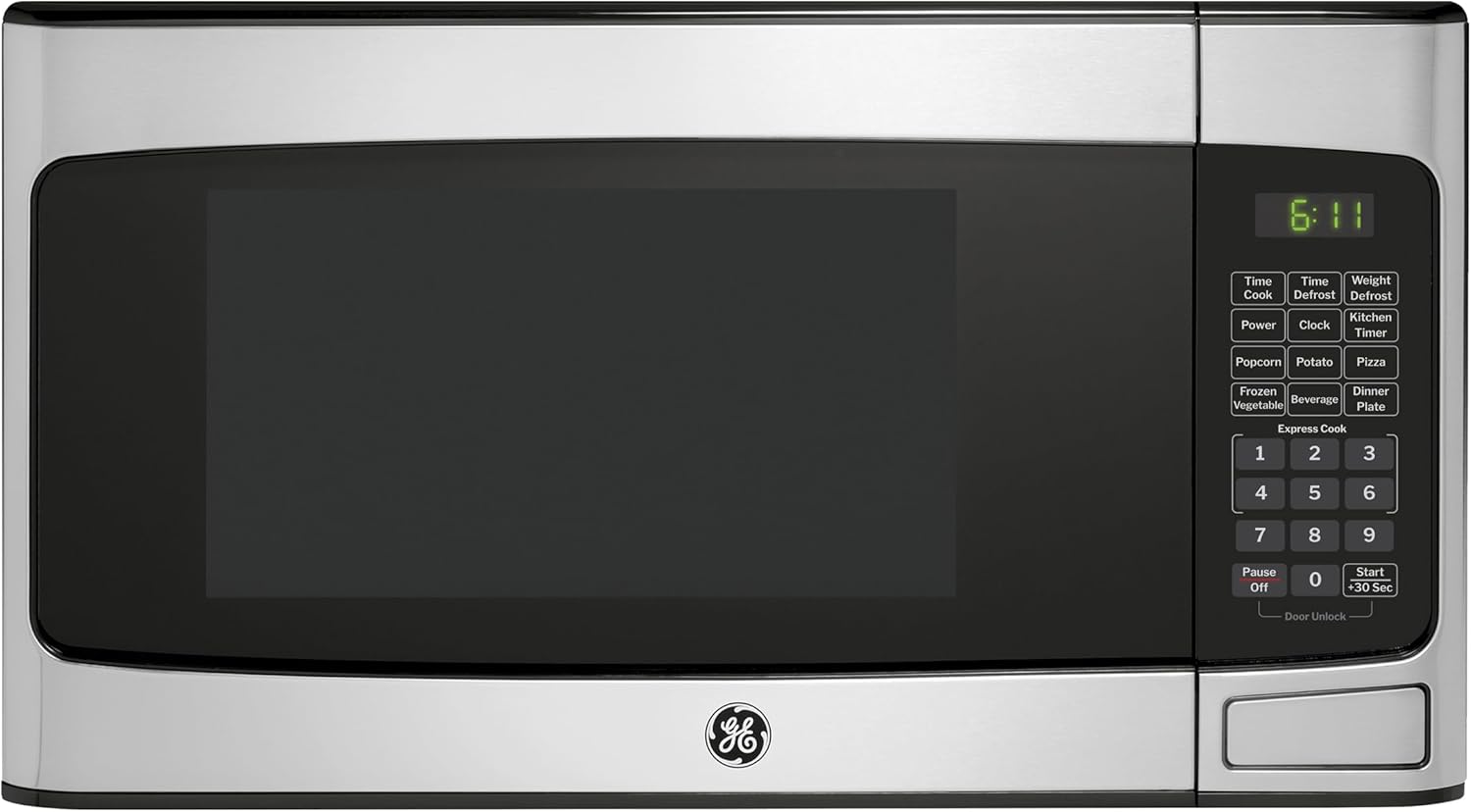 GE GCST11X1WSS Microwave Oven, 950-watt 6 Auto Cooking Settings, Child-Lock Technology, Kitchen Essentials for The Countertop, Dorm Room or Apartment, 1.1 Cu. Ft, Stainless Steel