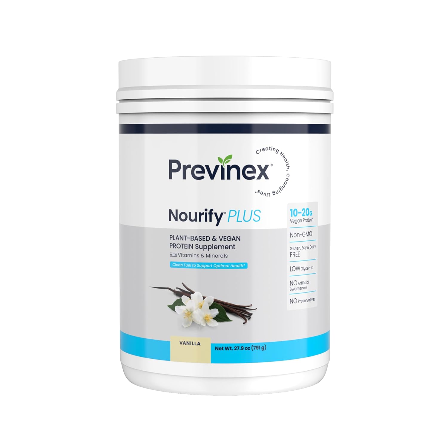 Previnex Nourify Plus Plant-Based Protein Shake - All Natural Vegan Protein Powder, High Protein & Low Sugar, Gluten Free, Soy Free & Dairy Free, Vanilla Protein Powder (27.7 oz)