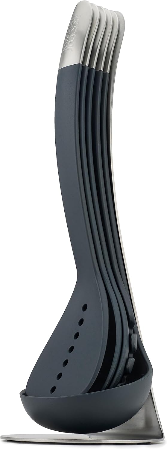 Joseph Joseph Nest 5 Compact Stacking Utensils kitchen tool set with magnetic storage stand, organization, dishwasher safe - Black\/Stainless Steel