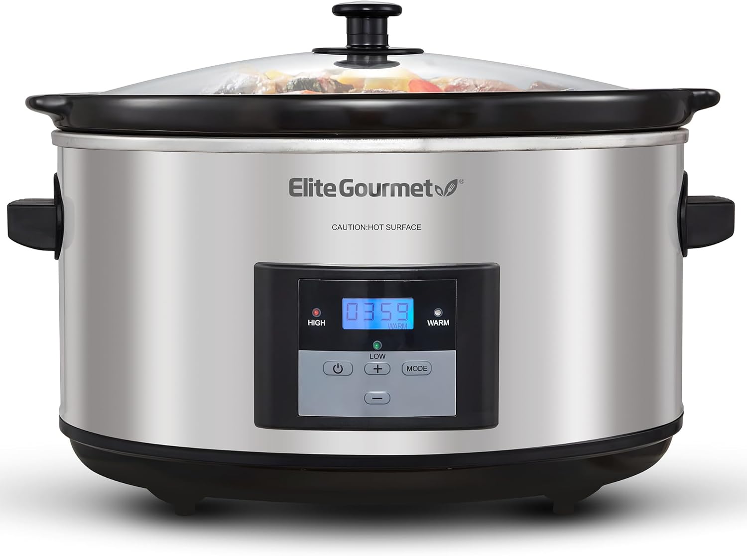 Elite Gourmet MST-900D 8.5Qt Digital Programmable XL Jumbo Slow Cooker, Adjustable Temp, Entrees, Sauces, Stews & Dips, Dishwasher Safe Glass Lid & Crock, Stainless Steel