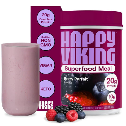 Happy Viking Berry Parfait Plant Protein Powder, Created by Venus Williams, 20G Protein, Low Carb, Keto, Vegan, Gluten-Free, Non-GMO, Superfoods, Complete Meal Replacement, 1 Canister (24 oz.)
