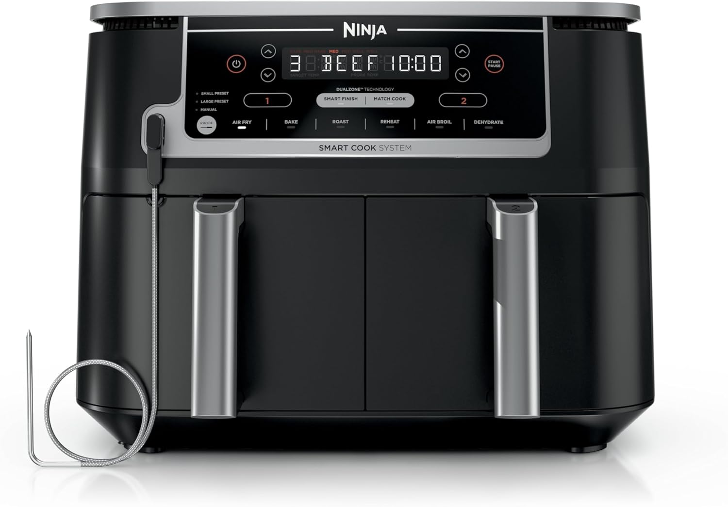 Ninja DZ550 Foodi 10 Quart 6-in-1 DualZone Smart XL Air Fryer with 2 Independent Baskets, Smart Cook Thermometer for Perfect Doneness, Match Cook & Smart Finish to Roast, Dehydrate & More, Grey