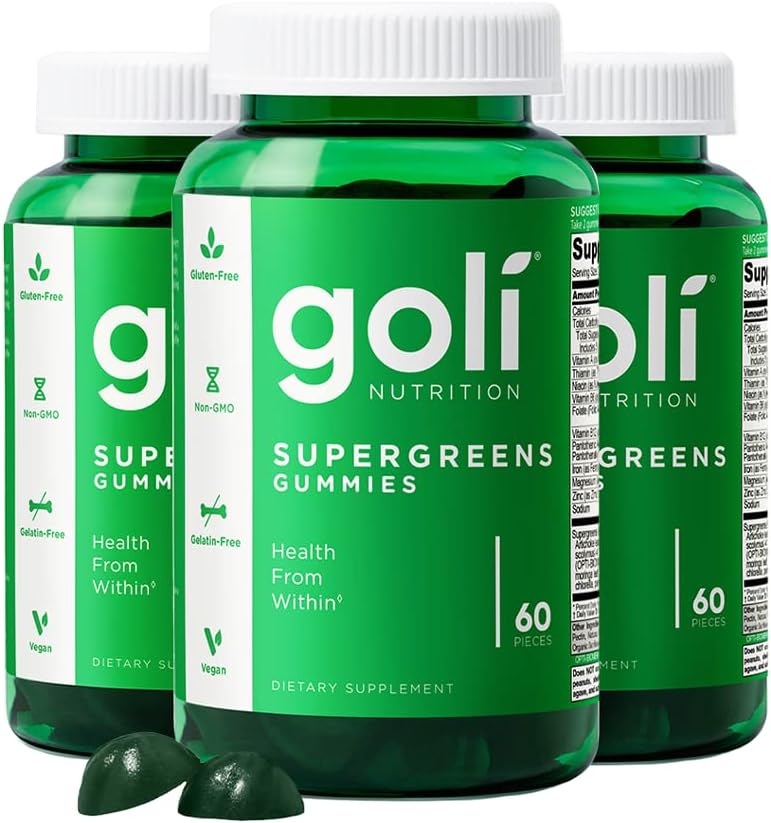 Goli SuperGreen Vitamin Gummy - 180 Count - Essential Vitamins and Minerals - Plant-Based, Vegan, Gluten-Free & Gelatin Free - Health from Within, Pack of 3