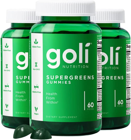 Goli SuperGreen Vitamin Gummy - 180 Count - Essential Vitamins and Minerals - Plant-Based, Vegan, Gluten-Free & Gelatin Free - Health from Within, Pack of 3