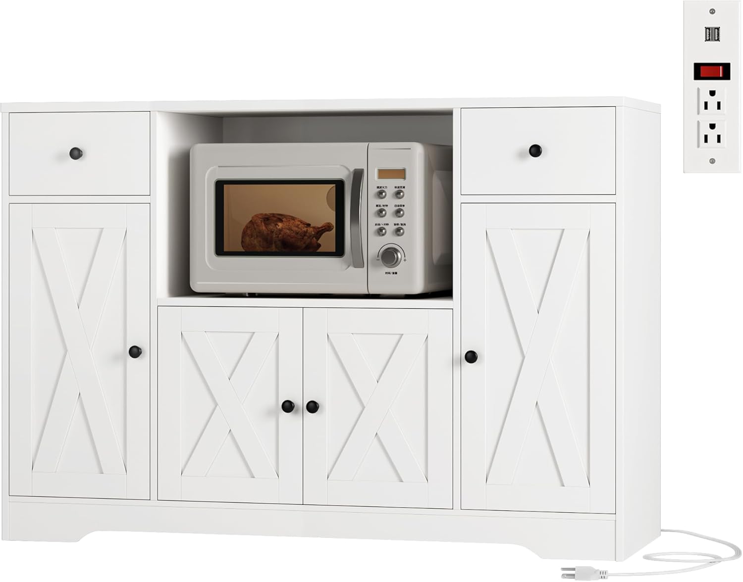 HOSTACK Microwave Cabinet with Charging Station, 47" W Kitchen Storage Cabinet with Microwave Stand, Modern Farmhouse Buffet Sideboard with Drawers and Shelves for Kitchen, Dining Room, White