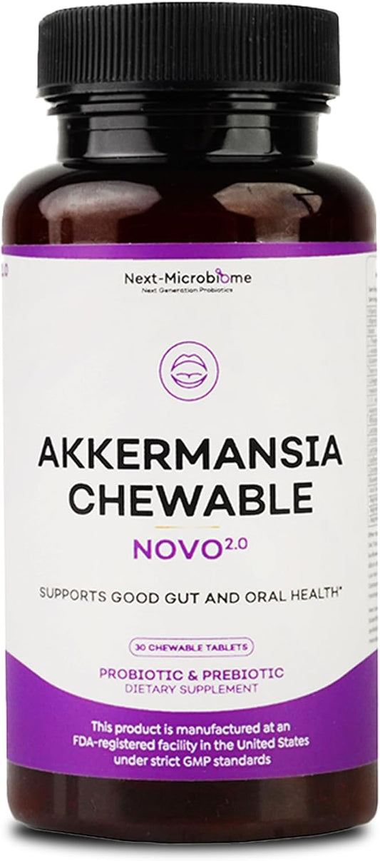 Chewable Akkermansia Probiotic and Prebiotic Supplement NOVO 2.0 with HMO, Supports Gut and Oral Microbiome, Supplements for Digestive Health and Skin Vitality, Targeted Delivery, 30 Tablets