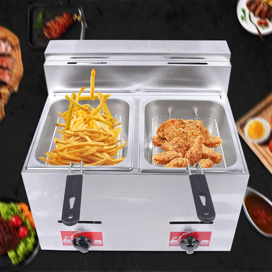Double Cylinder Gas Fryer Countertop Deep Fryer with 2 Baskets and 2 Lids Stainless Steel Snack Fryer 10.6QT Capacity for Commercial and Home Use