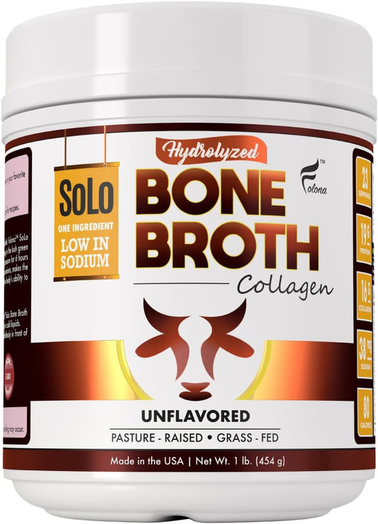 Solo Bone Broth Protein Collagen Powder Low Sodium, 16g Hydrolyzed Collagen Type I & III, for Healthy Skin, Nails, Hair, Joints & Digestion, Grass Fed, 1 lb (Canister - Net Wt. 1 lb. Powder)