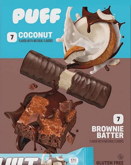14 Pack Protein Bars, 7 Coconut Flavor PUFF and 7 Brownie Batter 17g Protein, Gluten Free, 19.75 oz