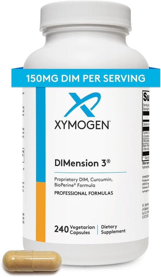 XYMOGEN Dimension 3 - Diindolylmethane DIM Supplement with Curcumin + BioPerine - Supports Healthy Estrogen Detox, Hormonal Balance for Women and Men - Menopause Relief + PMS Support (240 Capsules)
